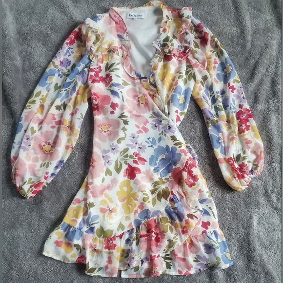 En Saison Floral Long Sleeve Ruffle Wrap Mini Dress - Pastel Garden Party  Small - Picture 7 of 11